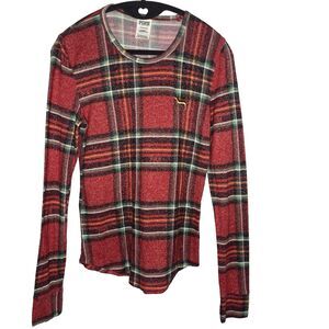 VICTORIAS SECRET PINK Pajama Top Lounge Red Plaid Gold Dog Logo Womens S Cozy